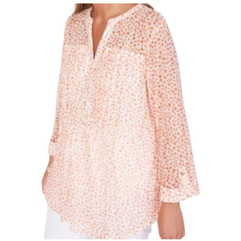 Roz & Ali Womens Polka Dot Mesh Henley Blouse Top Orange Size 1X Feminine Casual